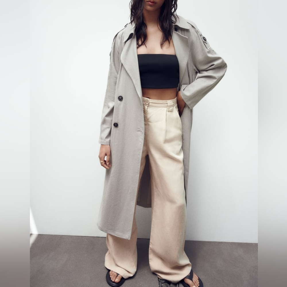 ZARA BELTED DOUBLE BREASTED LINEN BLEND TRENCH COAT